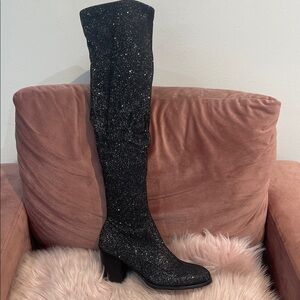 Elegant Black Glitter Knee-High Boots